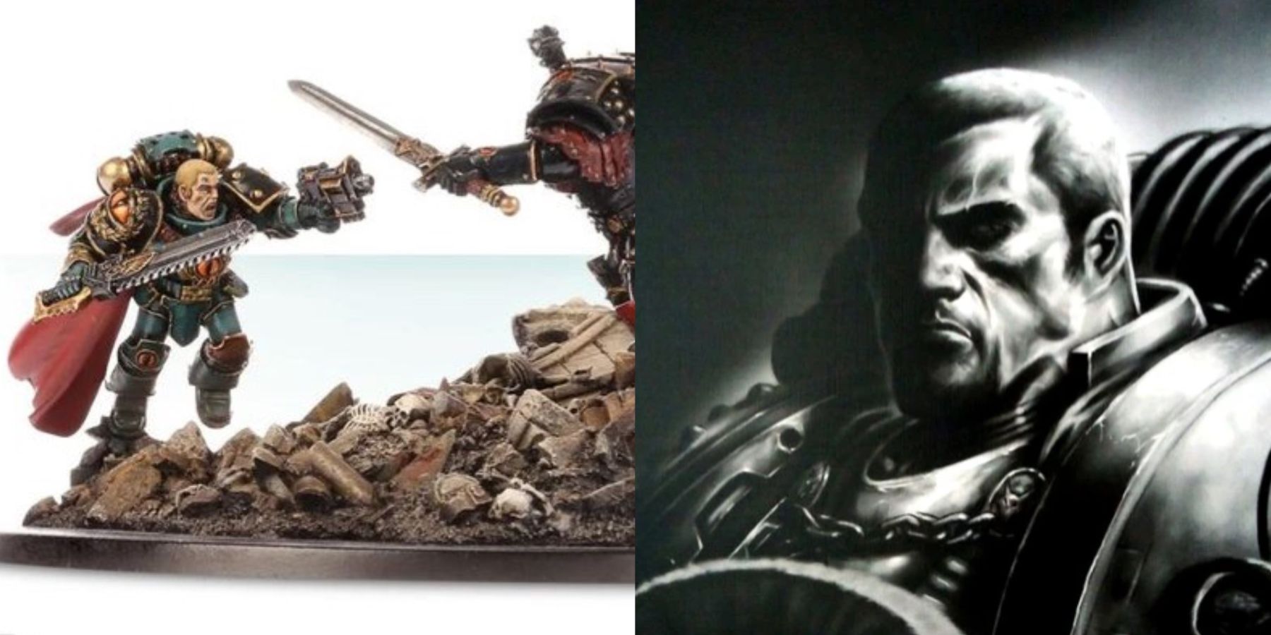 Warhammer 40K: 10 Characters That Deserve A TV Series Model of Loken and a black and white portrait