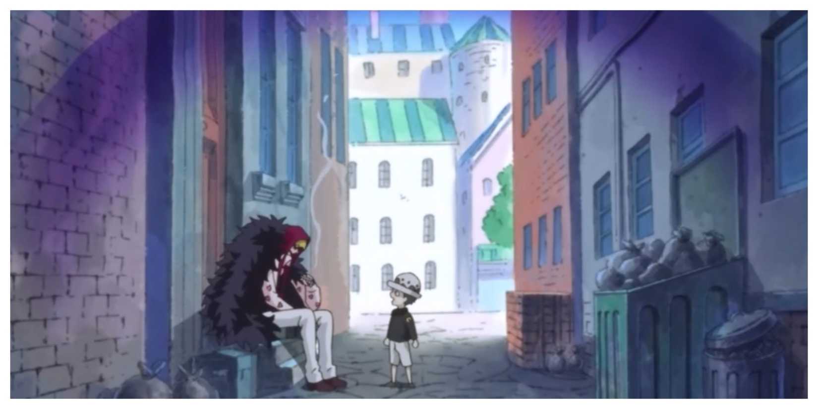 Rosinante using his Devil Fruit to activate a soundproof field for himself and his young protegé, Law