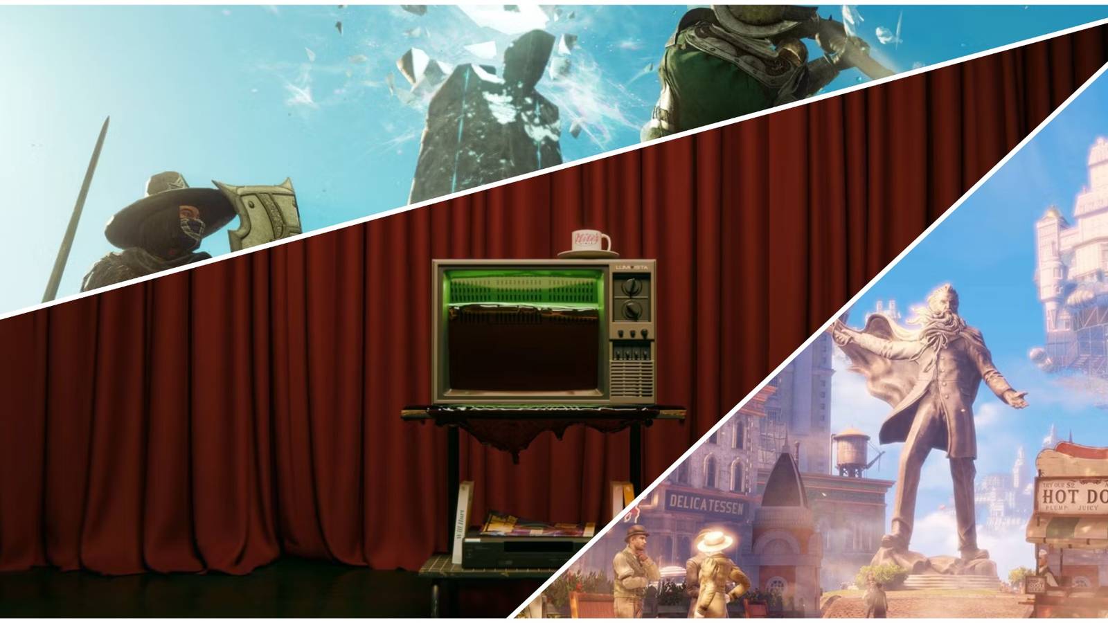 Collage of New World, Alan Wake, and Bioshock Inifinte