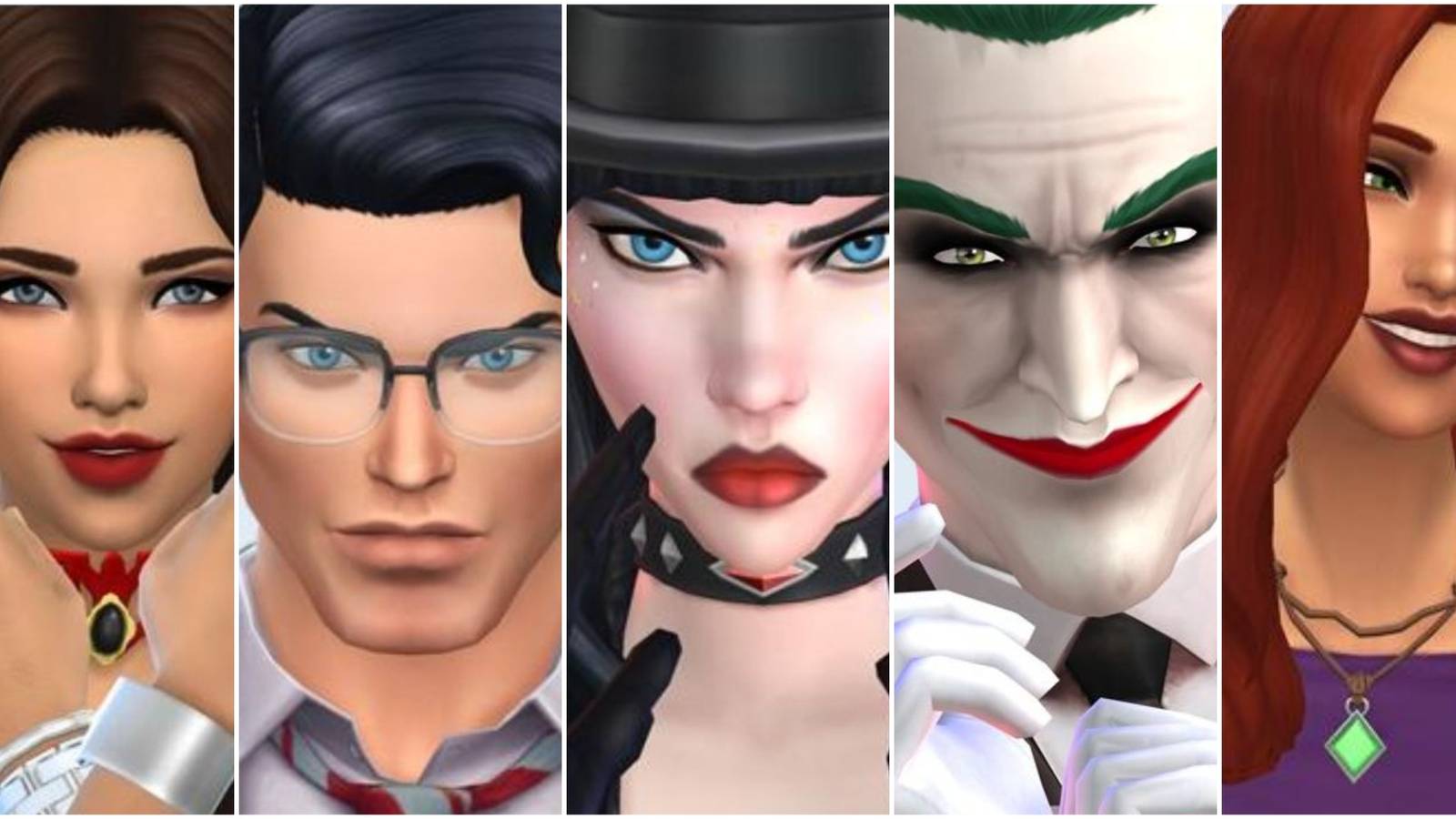 A collage of the DC characters Wonder Woman, Superman, Zatanna, The Joker and Starfire made in The Sims 4 gallery