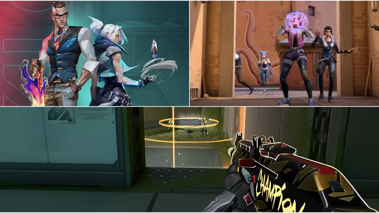 A collage image of different Valorant agents, and the Champions Vandal Skin