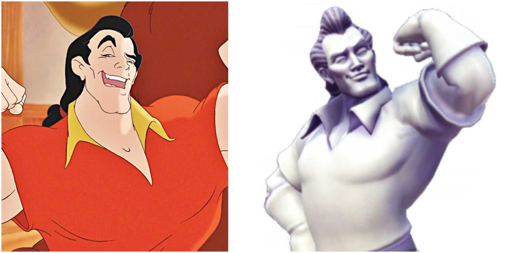 An image of Gaston from Beauty and the Beast and his Scramblecoin figurine from Disney Dreamlight Valley