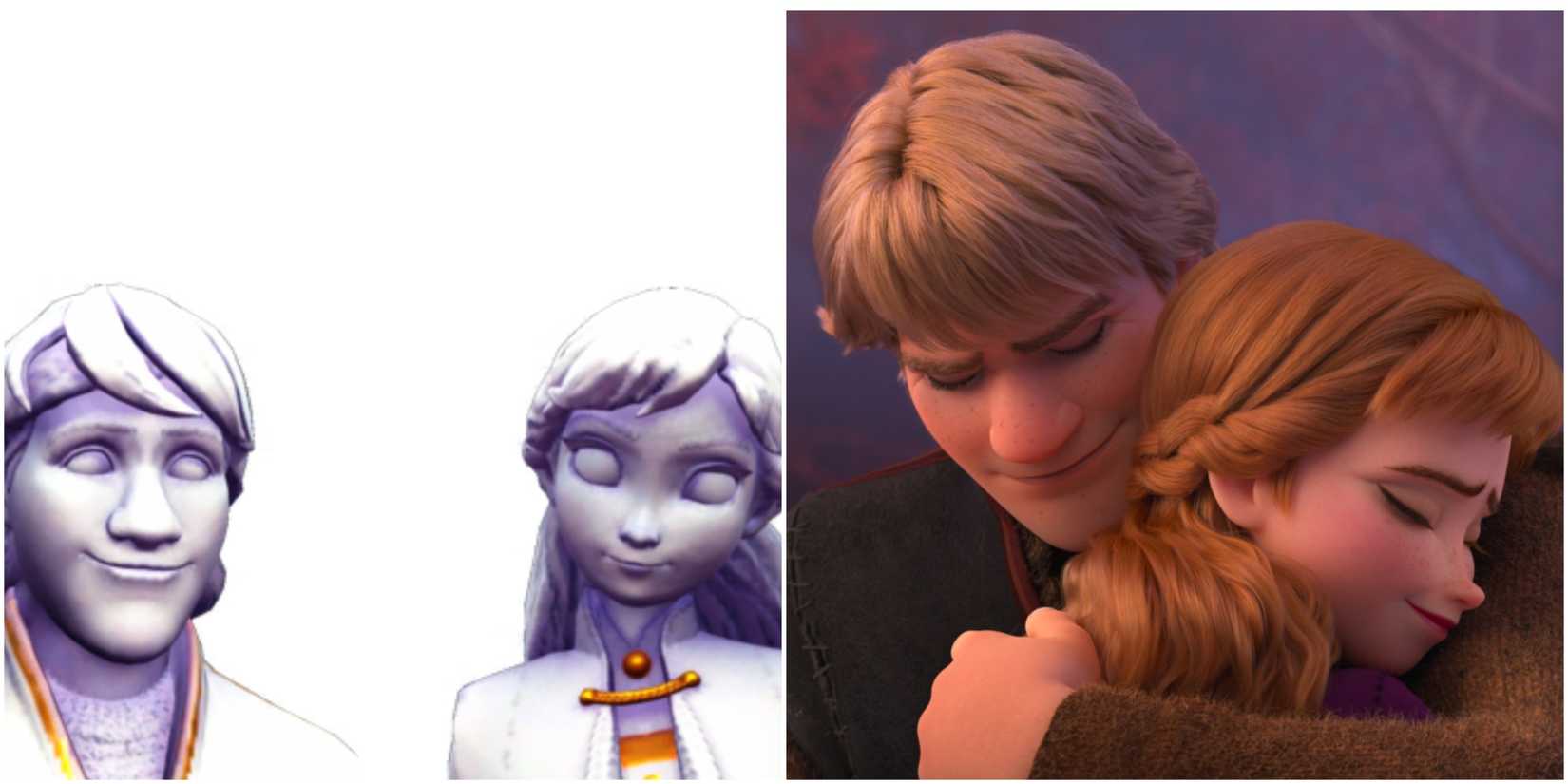 An image of Anna and Kristoff from Frozen and their Scramblecoin figurine from Disney Dreamlight Valley