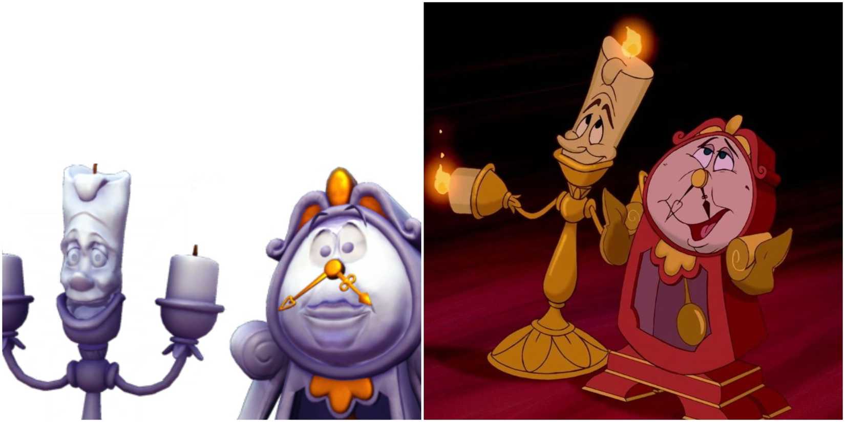 An image of Cogsworth and Lumiere from Beauty and the Beast and their Scramblecoin figurine from Disney Dreamlight Valley