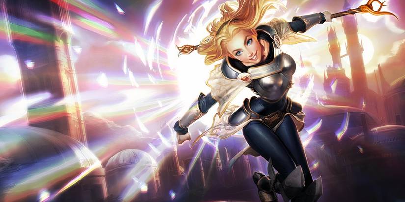 Lux produces a beam of light in her League of Legends splash art.