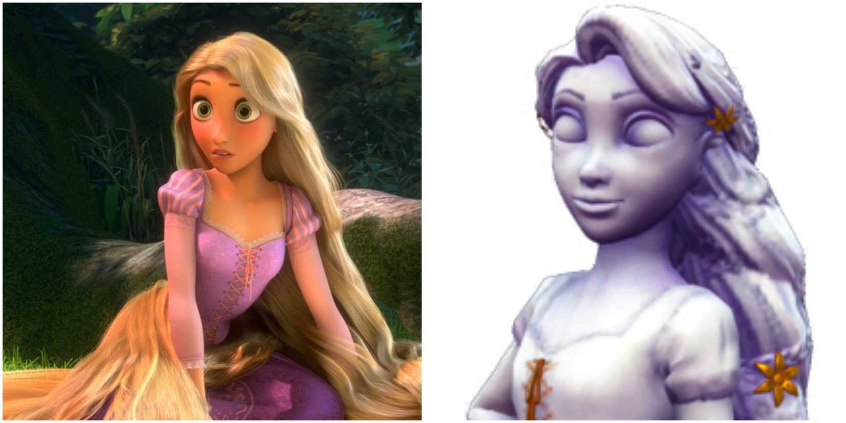 An image of Rapunzel from Tangled and her Scramblecoin figurine from Disney Dreamlight Valley