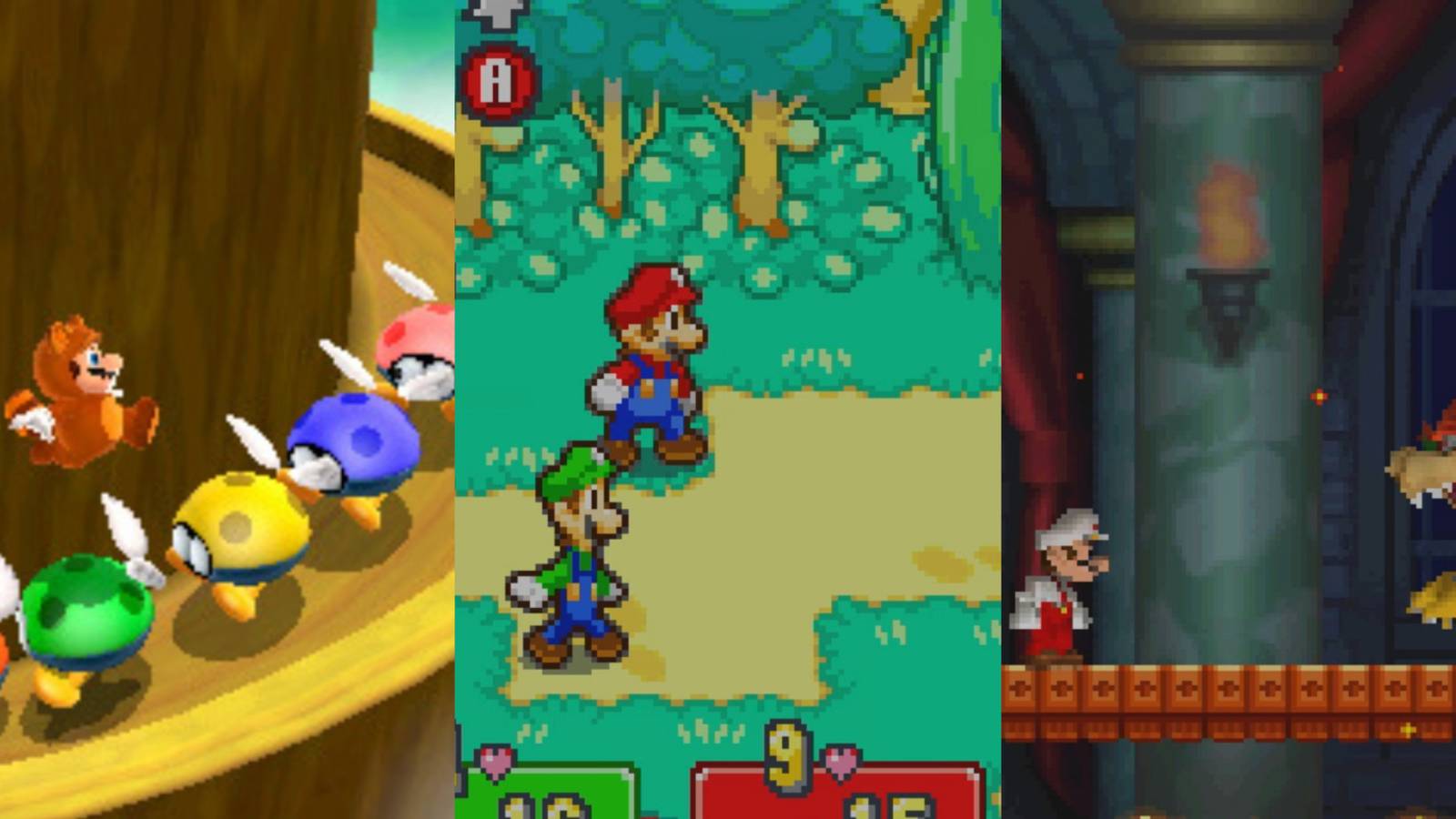 a collage of 3 mario games