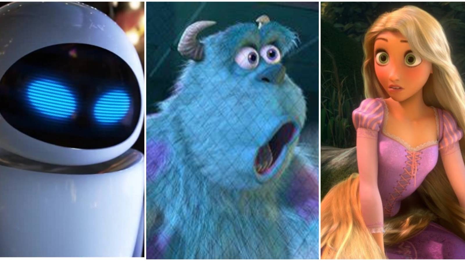 A collage of the Disney characters EVE from WALL-E, Sulley from Monsters Inc and Rapunzel from Tangled