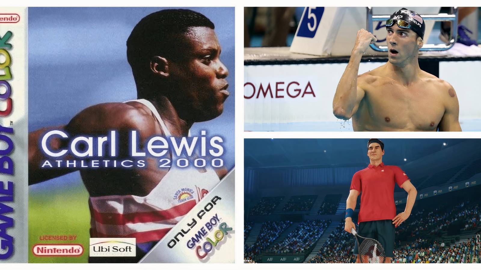 Michael Phelps raising fist in pool, carl lewis running on front cover of game and roger federer in game