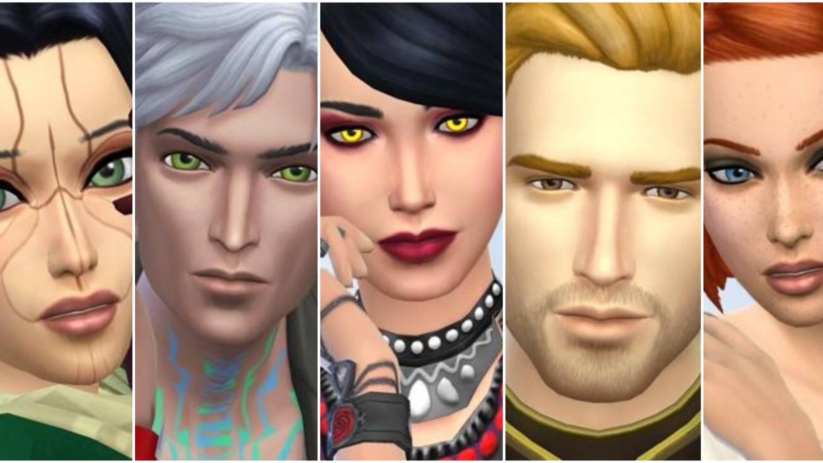 A collage of the Dragon Age characters - Merrill, Fenris, Morrigan, Alistair and Leliana made in The Sims 4 