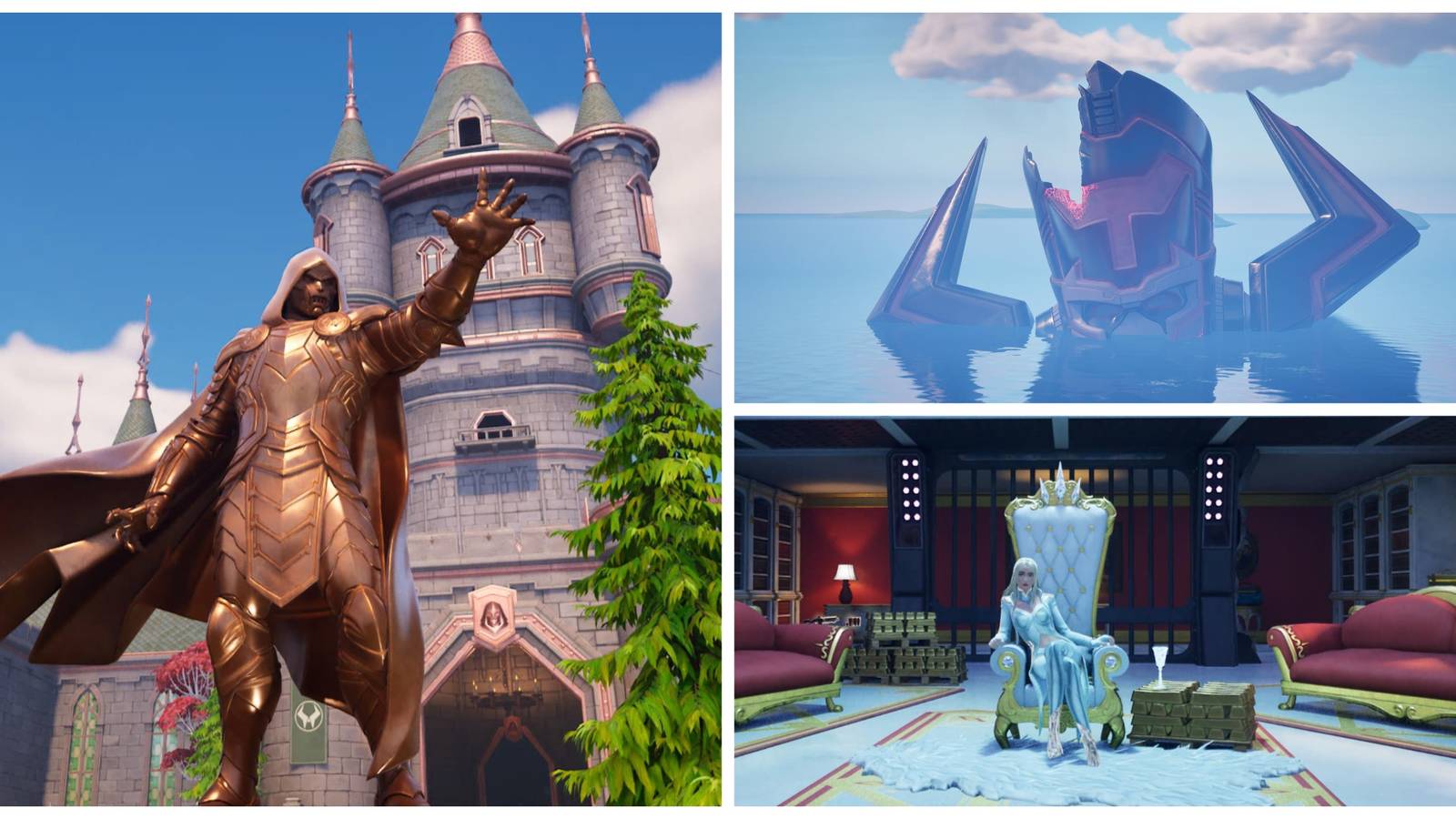 castle doom, galactus head, emma frost in the raft