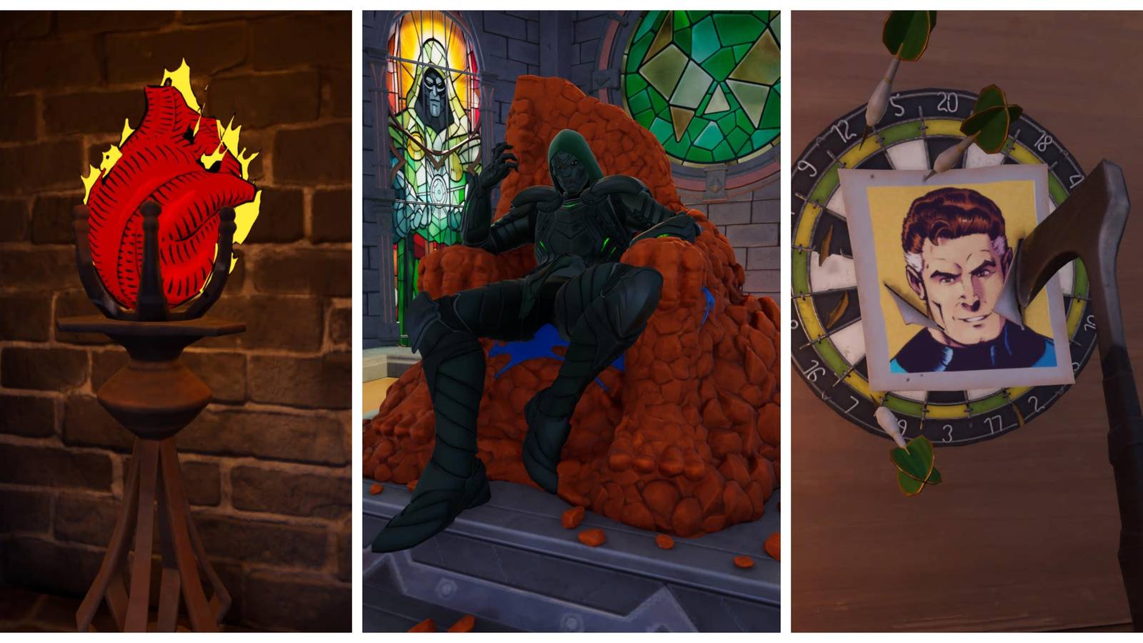 human torch's heart, doctor doom sits on the thing, mister fantastic dart board