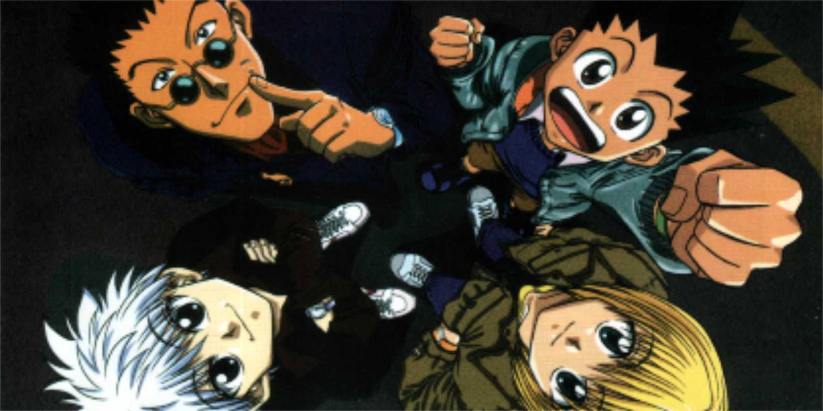 Gon and friends in a circle staring up at the camera