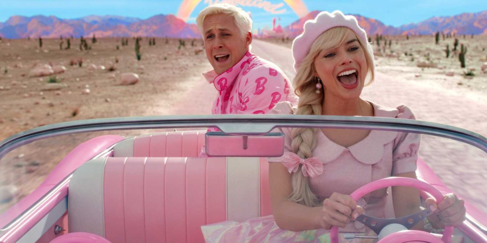 The Barbie Movie - Barbie and Ken in a pink car, singing