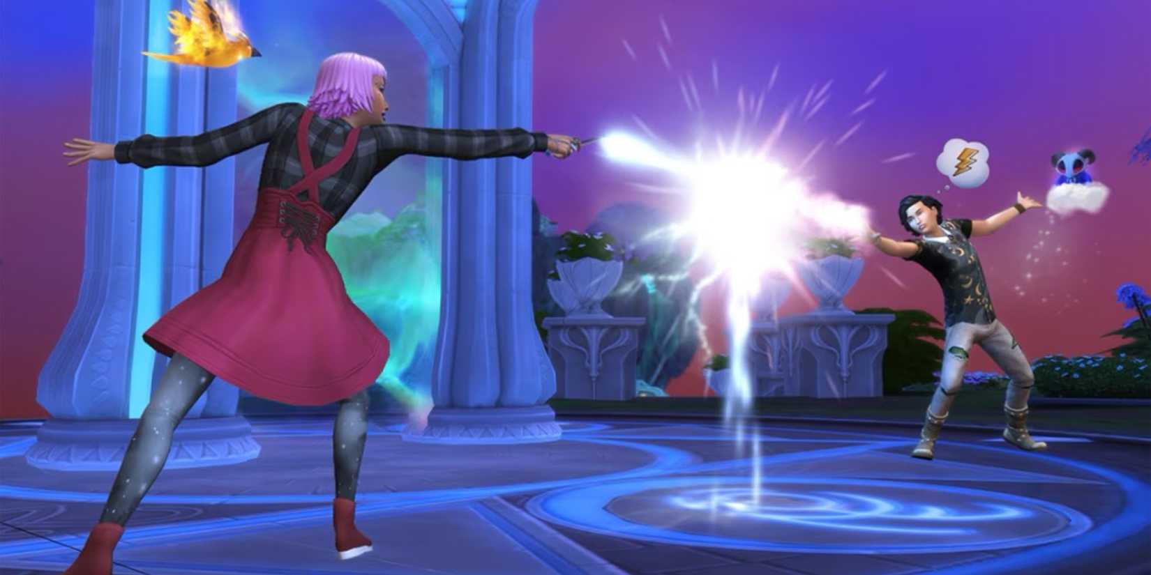 Two magical Sims battling with wands