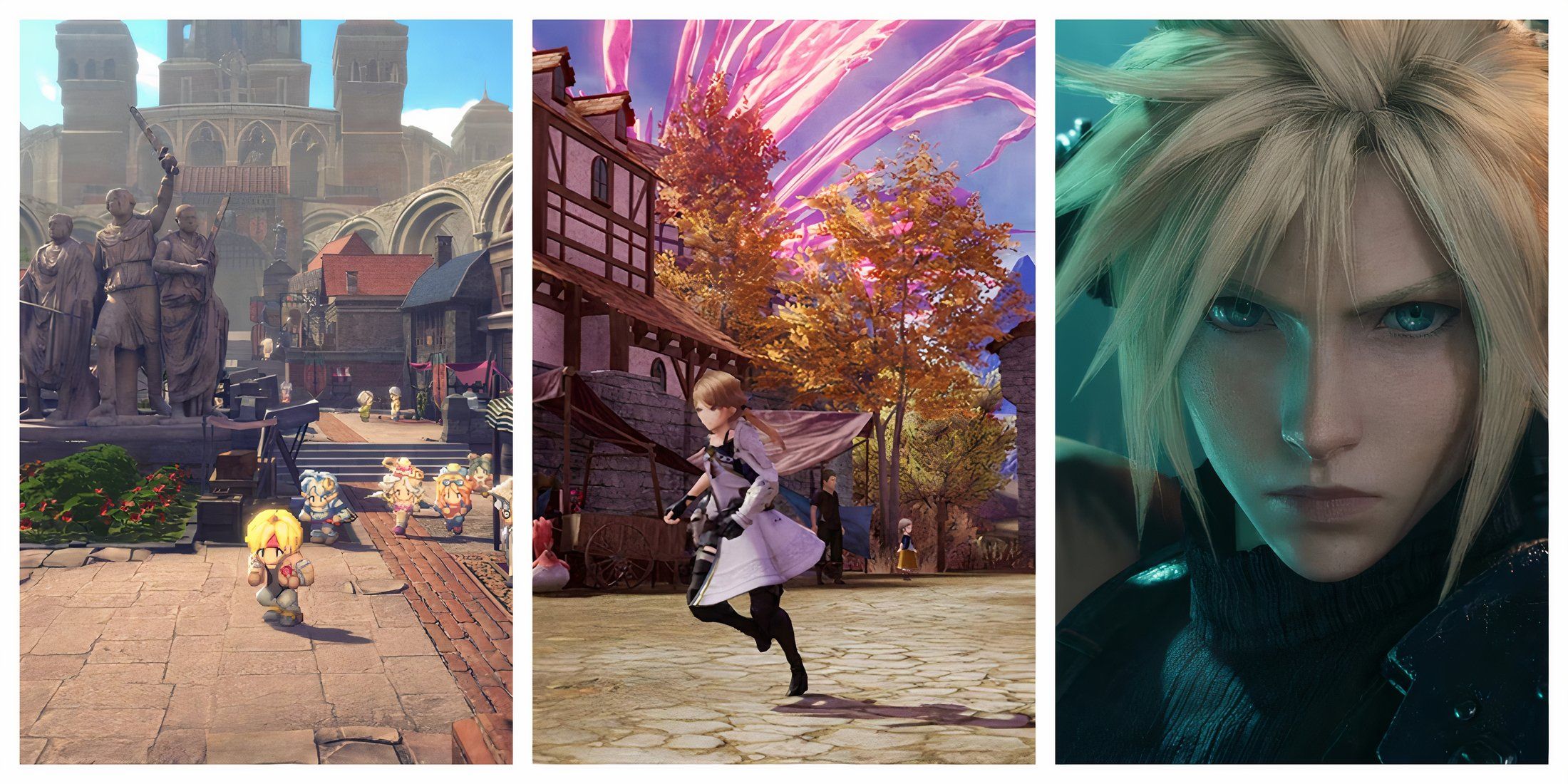 A collage of images from Star Ocean: Second Story R, Harvestella, and Final Fantasy VII Remake