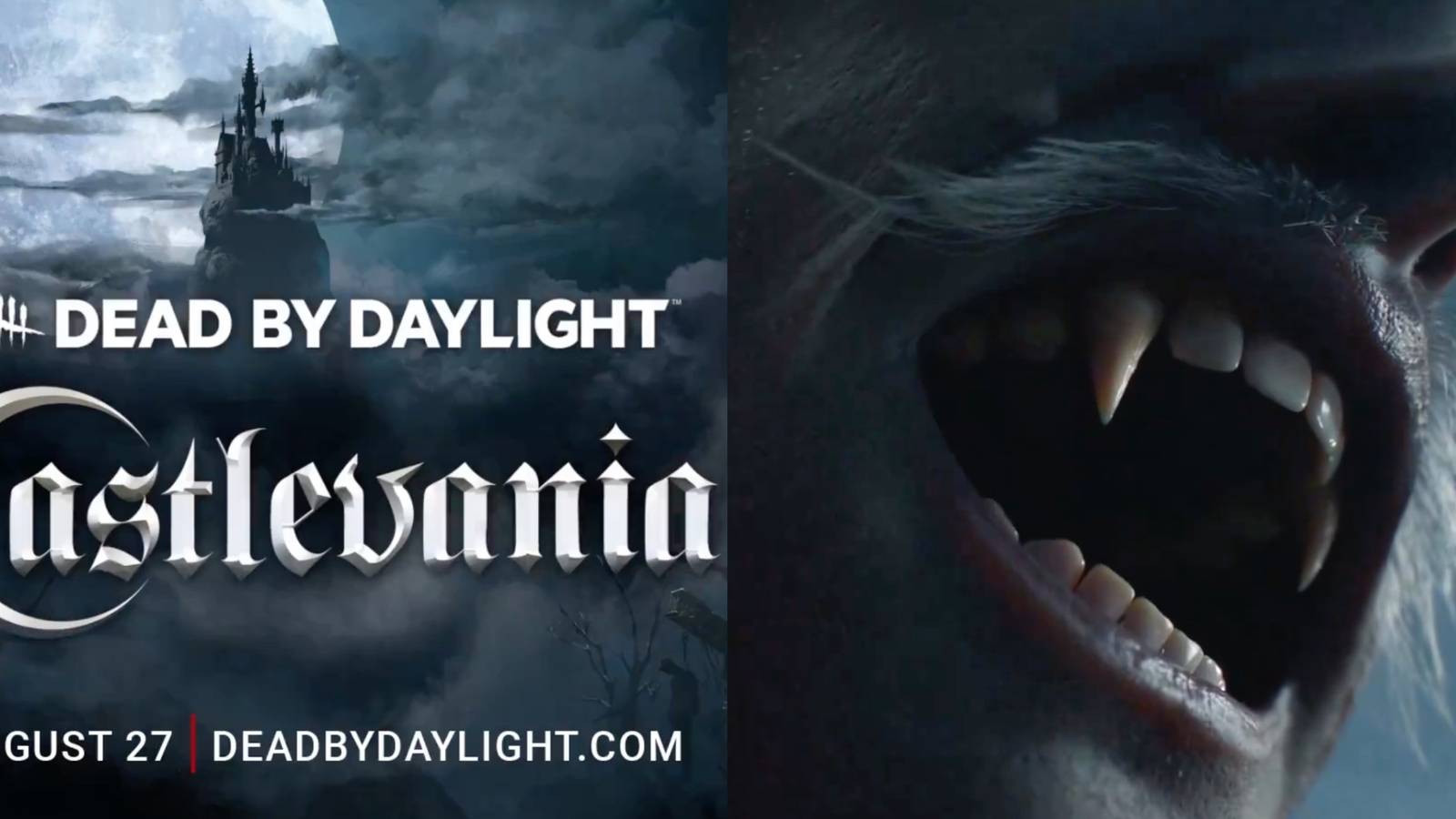 Castlevania and Dead By Daylight logos with Dracula's snarling fangs
