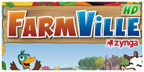 Farmville logo with vegetables above and content farm animals below