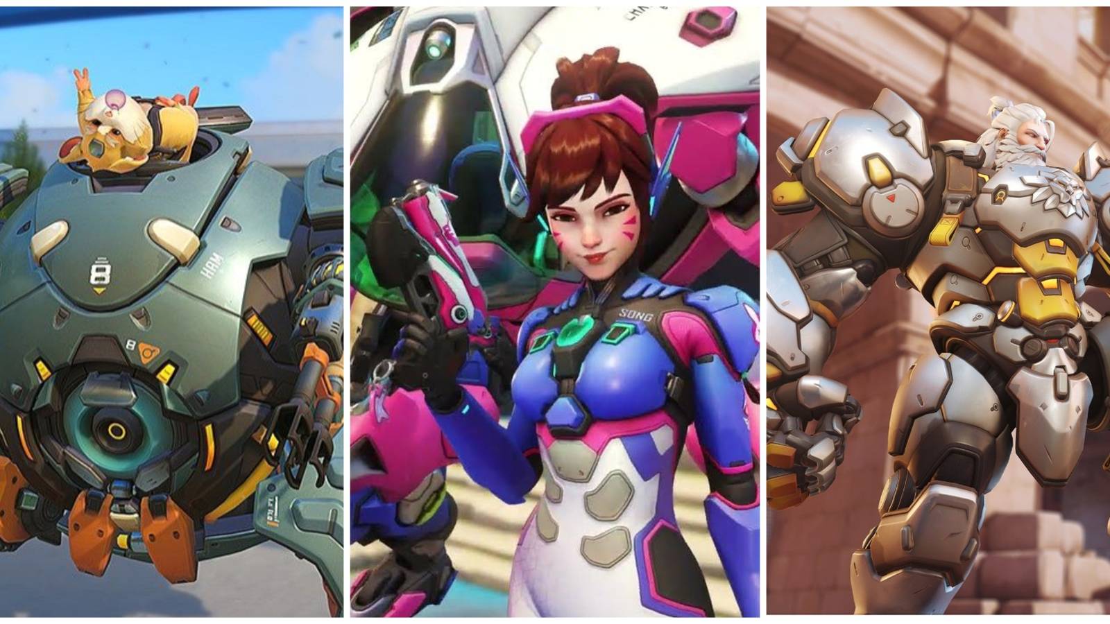 A collage of the Tank Heroes Wrecking Ball, D.Va and Reinhardt from Overwatch 2 