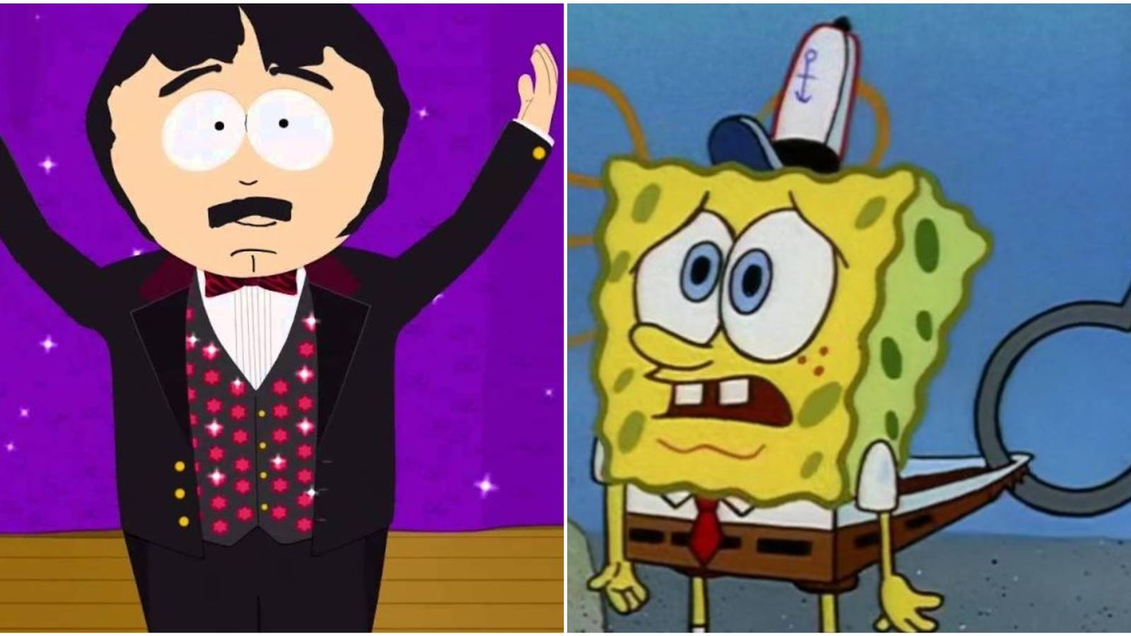 A split image of South Park and SpongeBob SquarePants