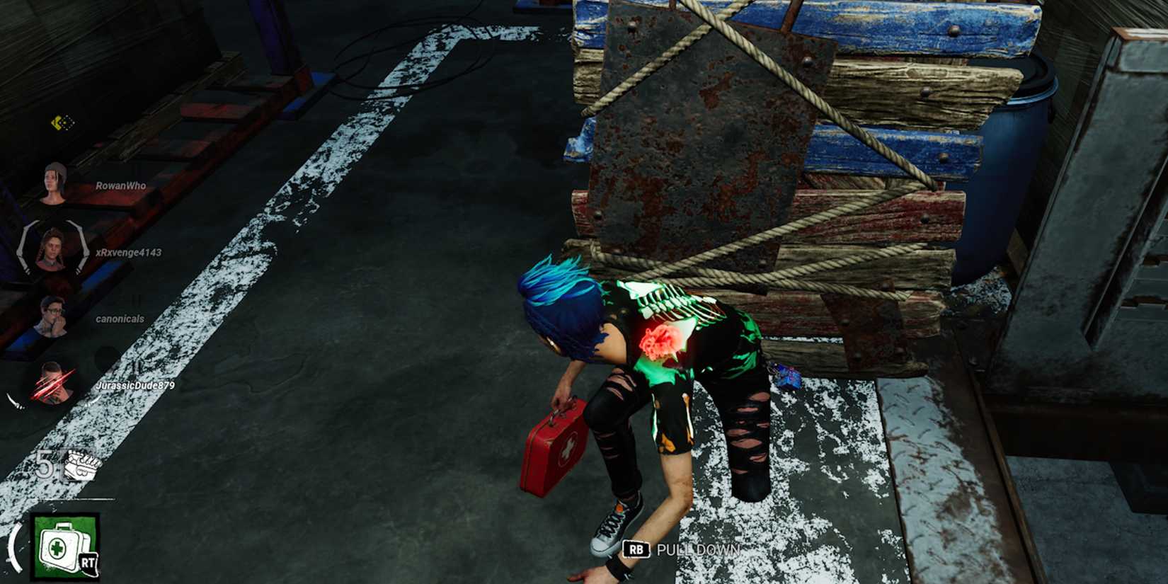 blue haired Nea crouching at a pallet with a med kit
