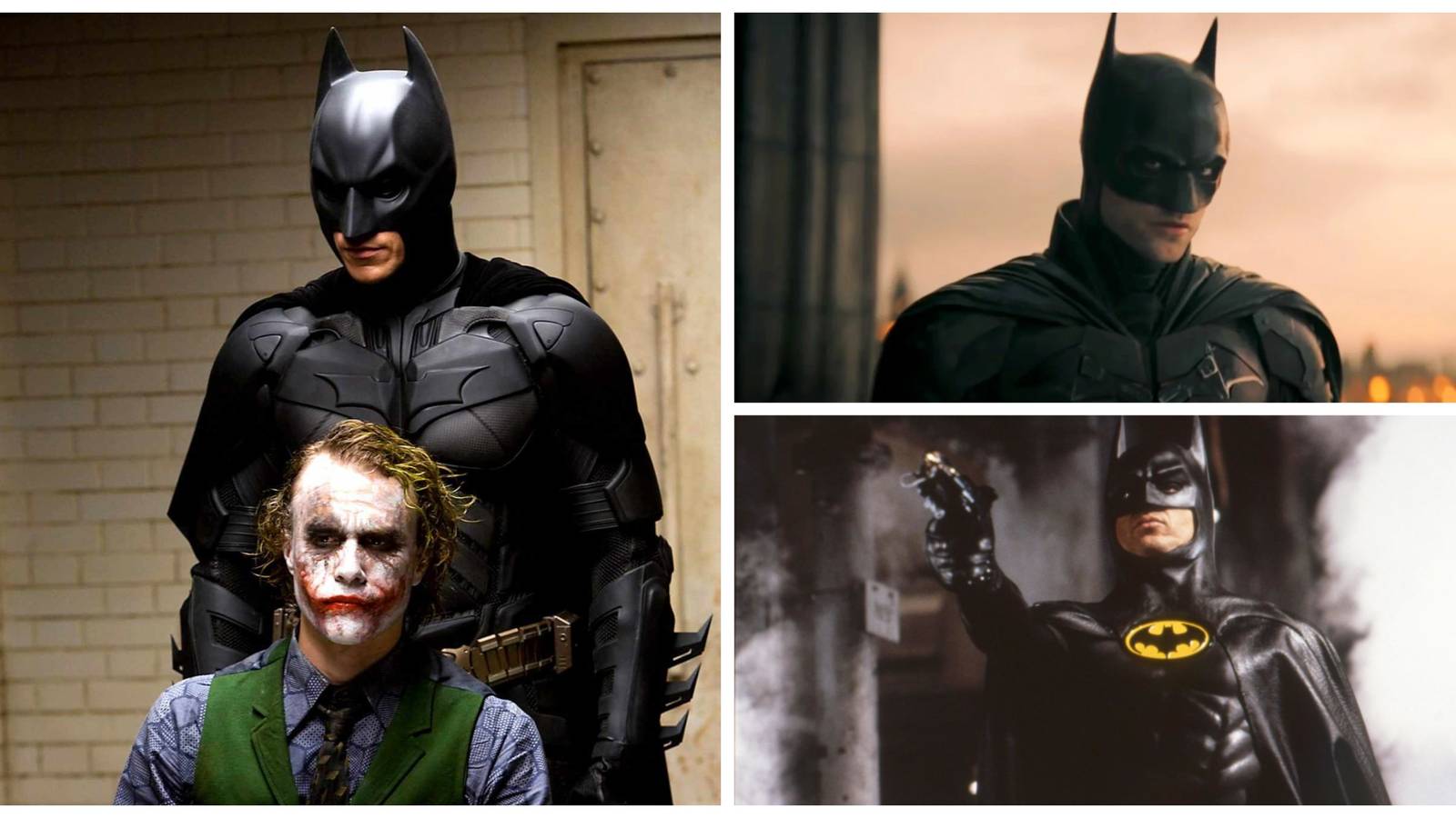 christian bale batman and heath ledger joker, robert pattinson batman, michael keaton batman