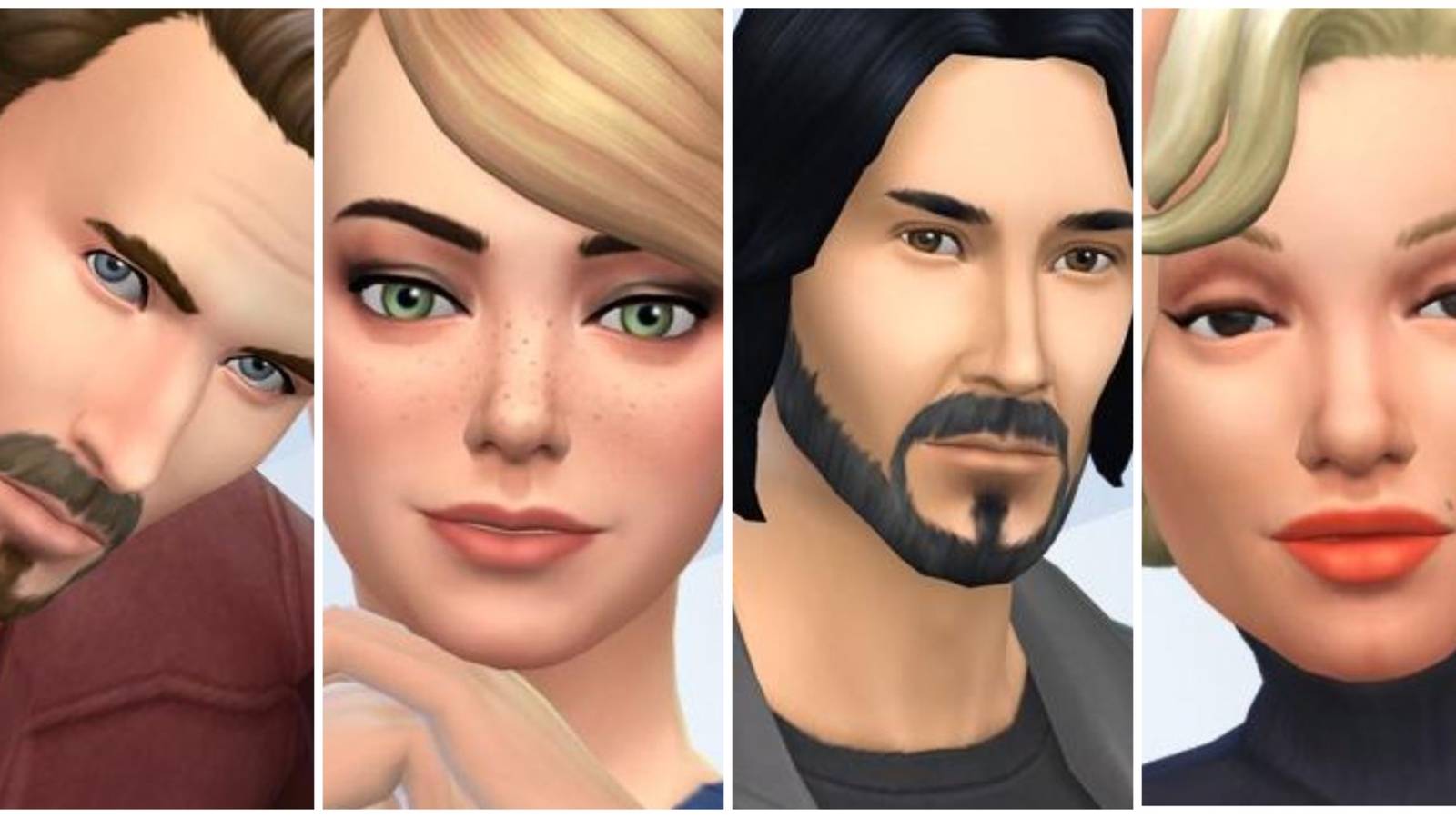A collage of the movie stars Emma Stone, Chris Evans, Keanu Reeves and Marilyn Monroe recreated in The Sims 4