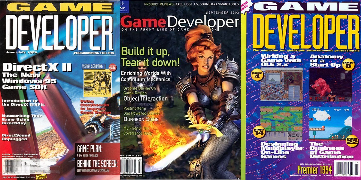 A collage of Game Developer magazine covers