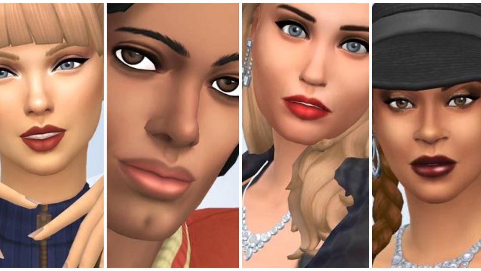 A collage of images of the pop stars Taylor Swift, Michael Jackson, Miley Cyrus and Beyonce made in The Sims 4