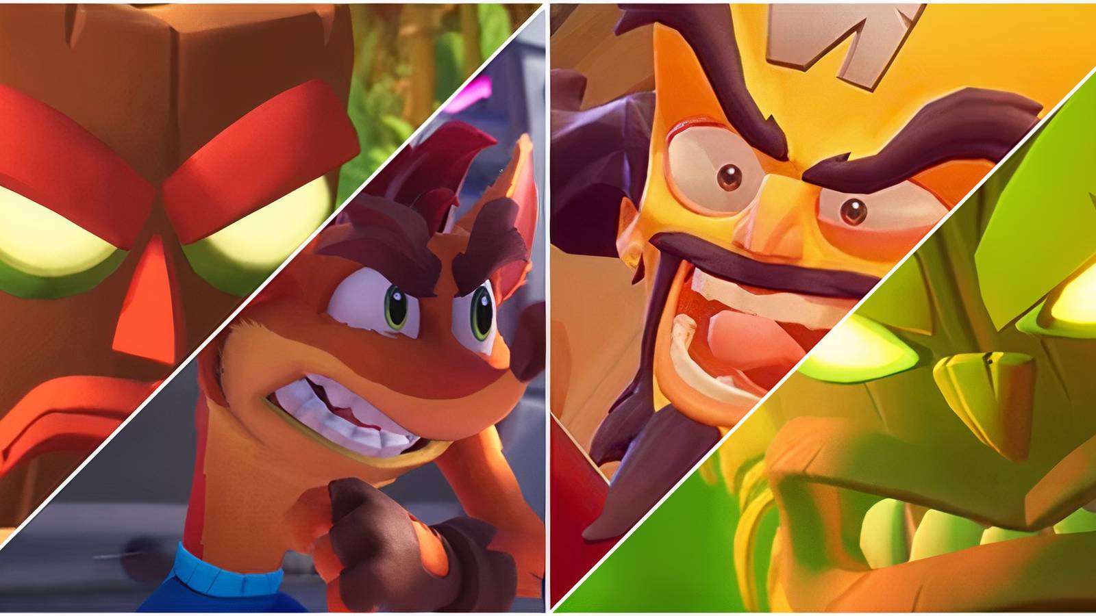 Aku Aku, Crash, Cortex, and Uka Uka Face Off