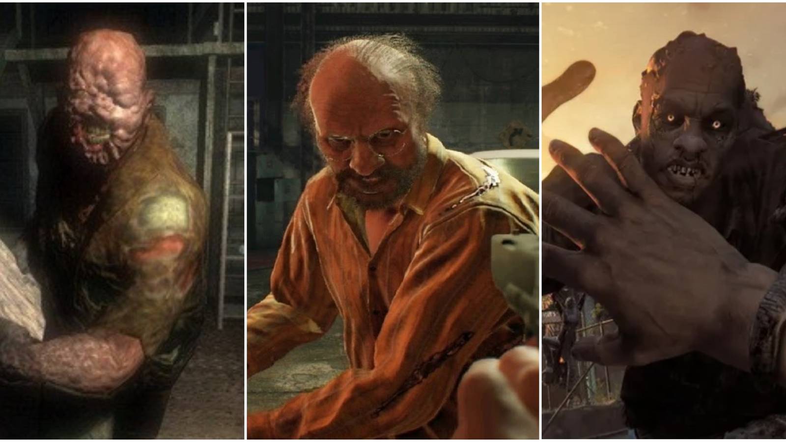 Left to right: A severely burned man charging with a slab, Jack Baker attacking Ethan Winters, a zombie grabbing the wrist of the player