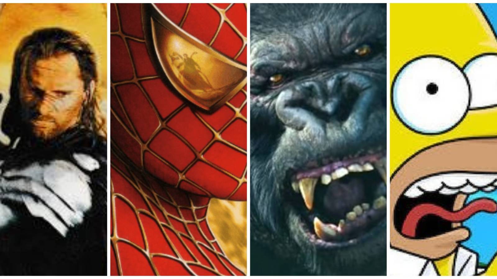 A collage of images of box art for PS2 games Peter Jackson's King Kong, The Simpsons: Hit & Run, Spider-Man 2 and The Lord of the Rings: Return of the King 