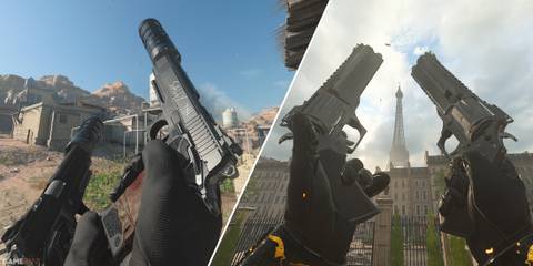 Split-image showcasing the 9mm Daemon and the TYR with Akimbo equipped in Modern Warfare 3 and Warzone