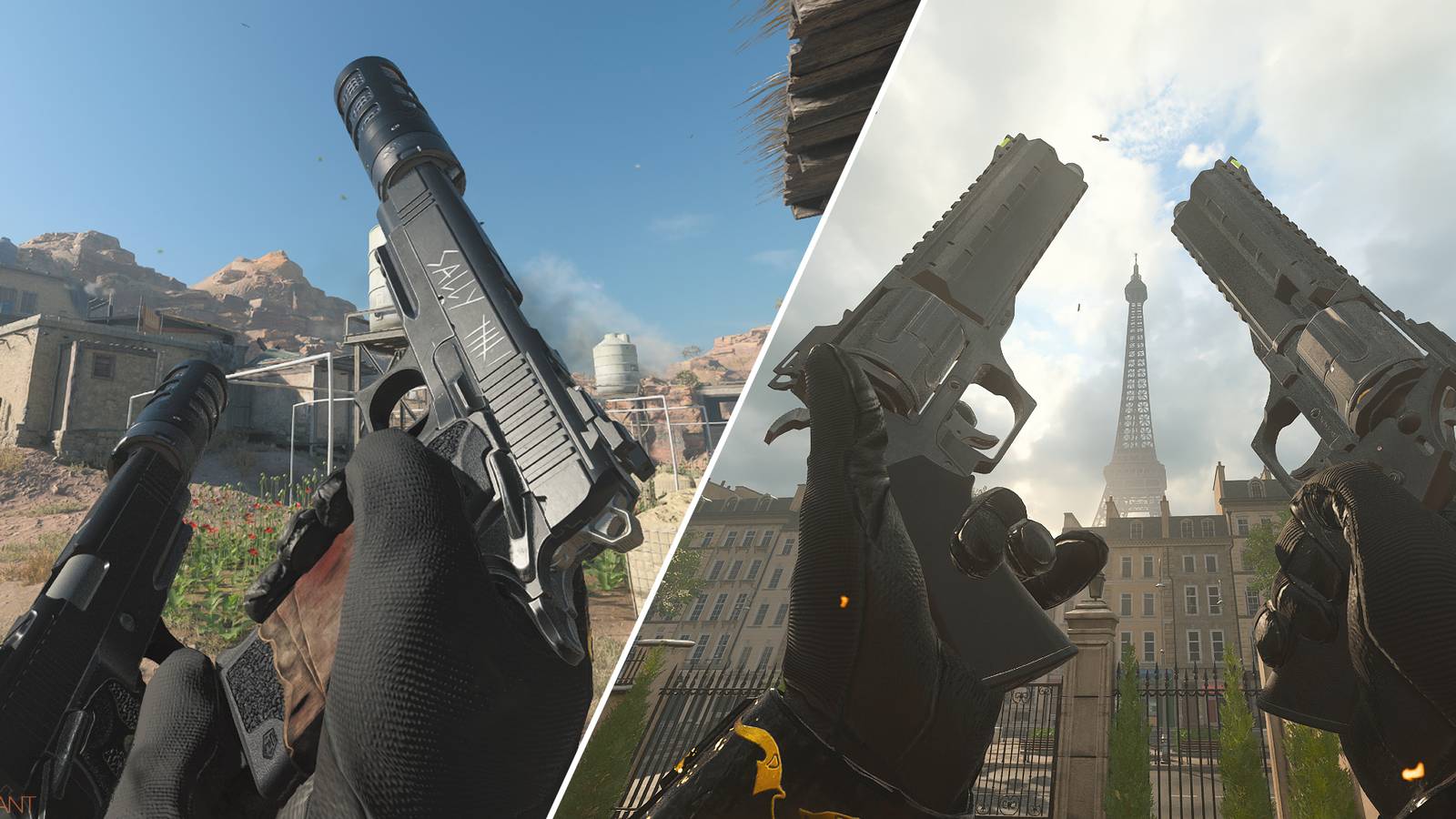 Split-image showcasing the 9mm Daemon and the TYR with Akimbo equipped in Modern Warfare 3 and Warzone