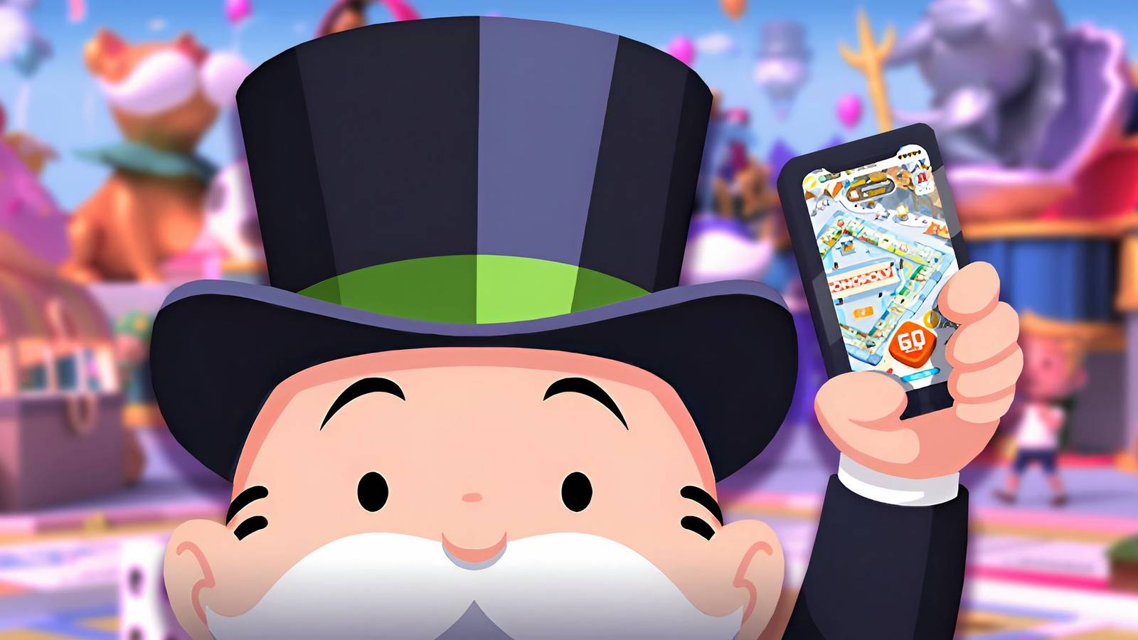 The Monopoly guy holding a phone with Monopoly Go on it