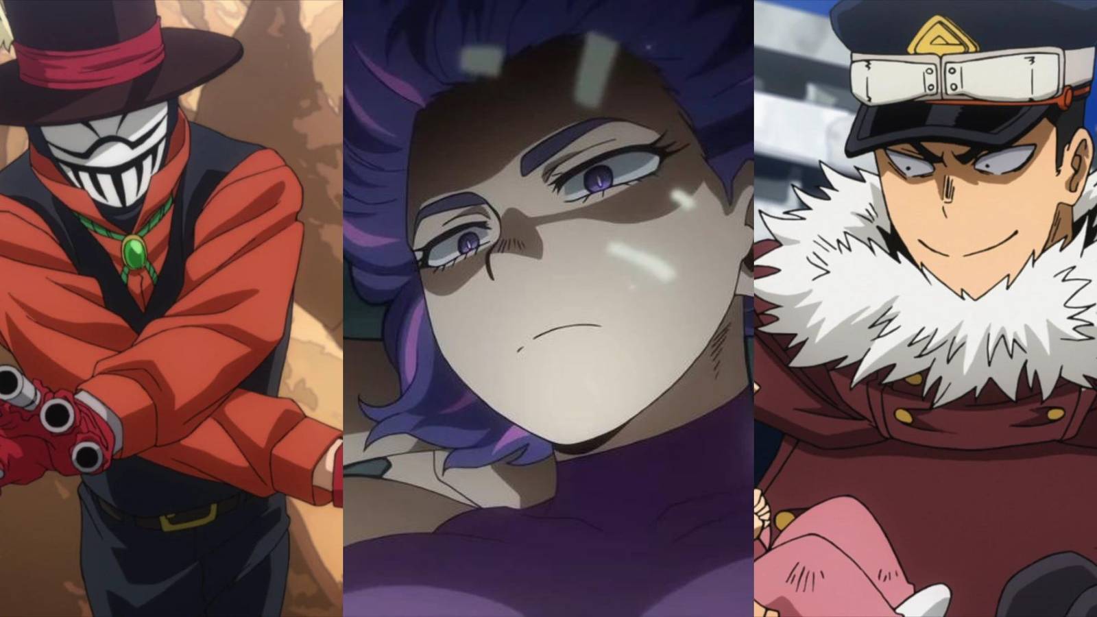 A collage of several My Hero Academia characters who didn't get a proper ending: Mr. Compress, Lady Nagant and Inasa Yoarashi.