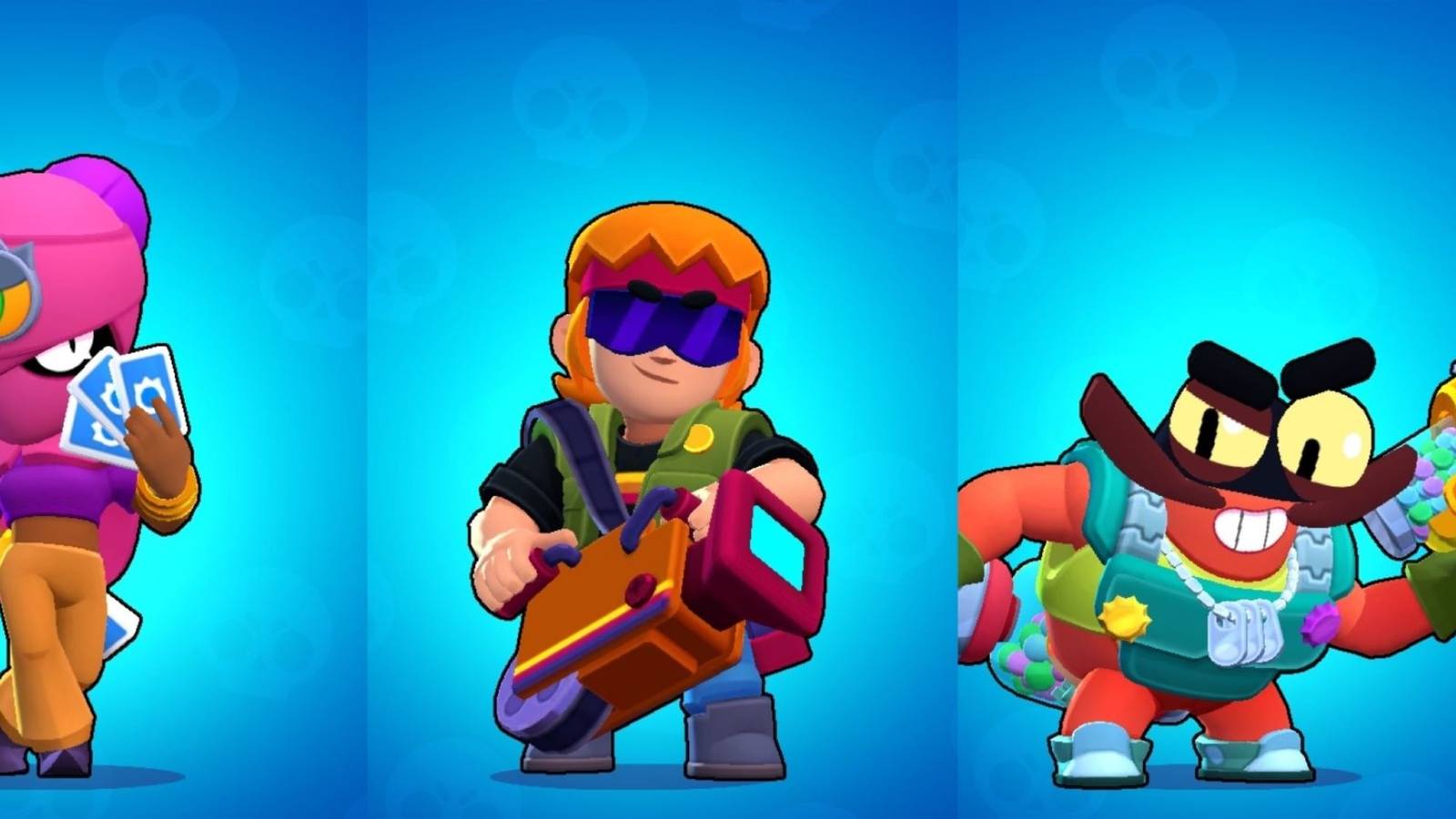 Tara, Buster and Clancy from Brawl Stars standing in front of a blue background 