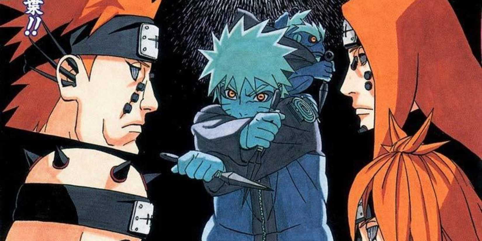 Naruto and Fukusaku fight the six paths of Pain in the cover of Volume 45.