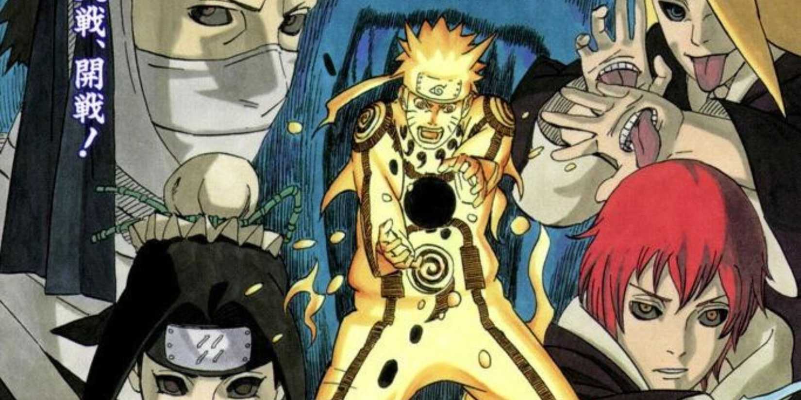 Naruto fighting the revived forms of Deidara, Sasori, Zabuza and Haku in the cover of Volume 55.