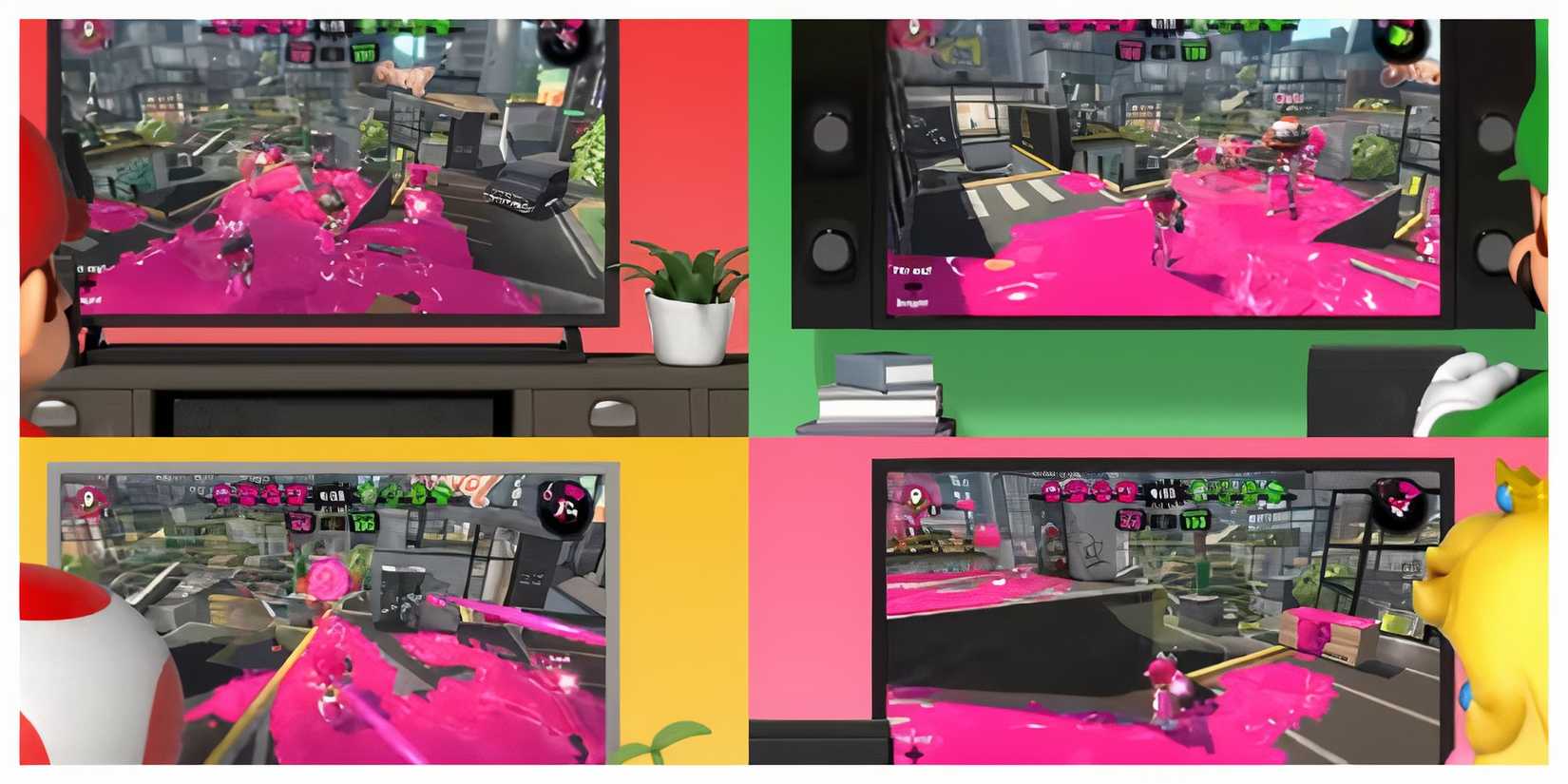 Mario, Toad, Luigi, and Peach playing Splatoon