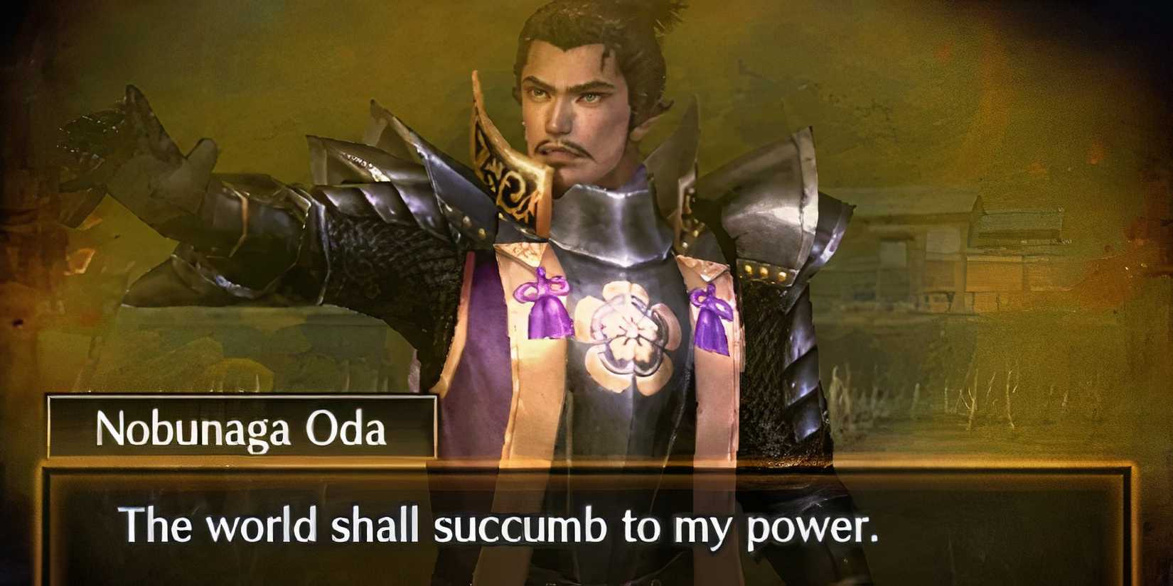 Nobunaga Oda from Samurai Warriors Chronicles with his dialogue line at the bottom.