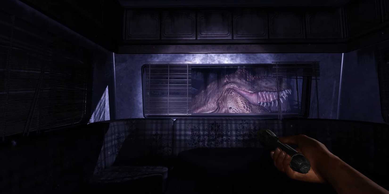 T-Rex looking into the RV in Oakwood