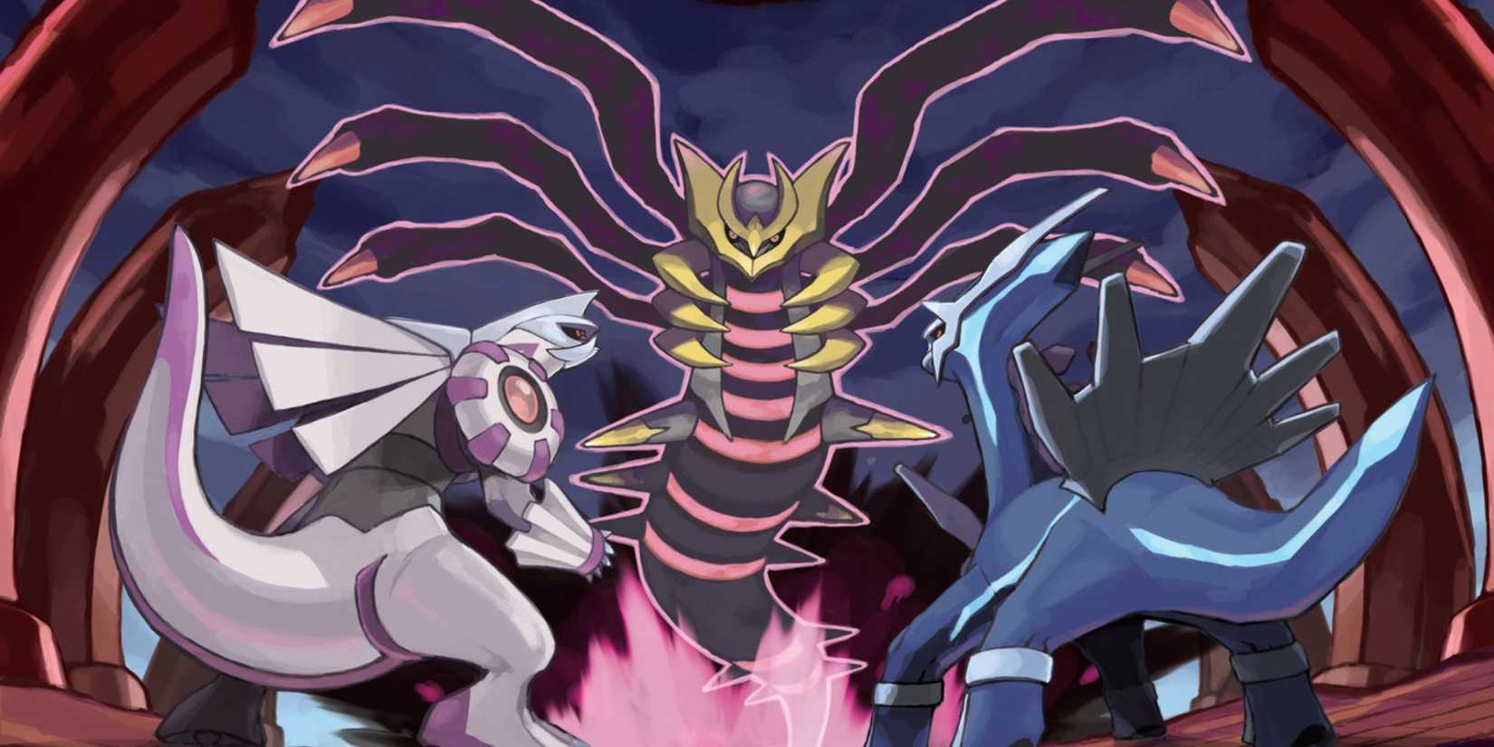 Official artwork of Dialga, Palkia and Giratina at Spear Pillar.