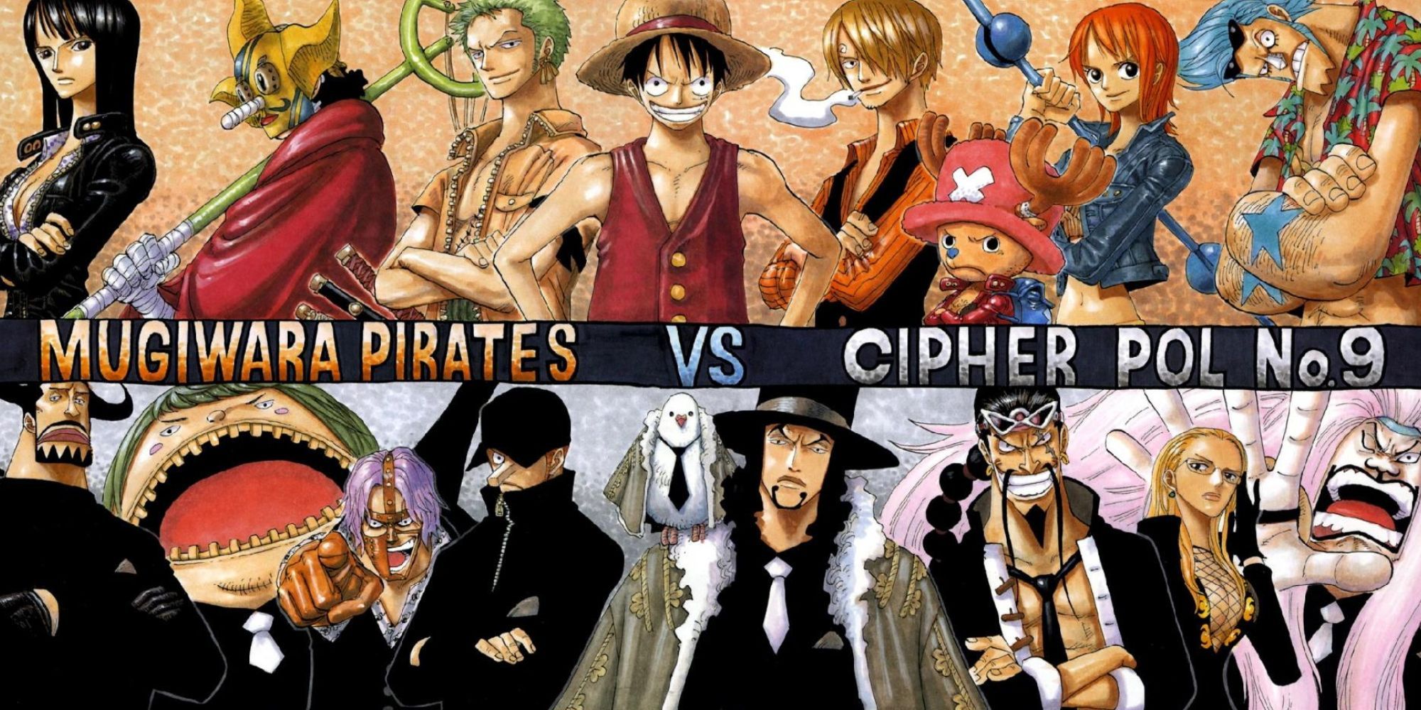 Official color spread of Chapter 377, featuring the Straw Hats against their new enemies, CP9.