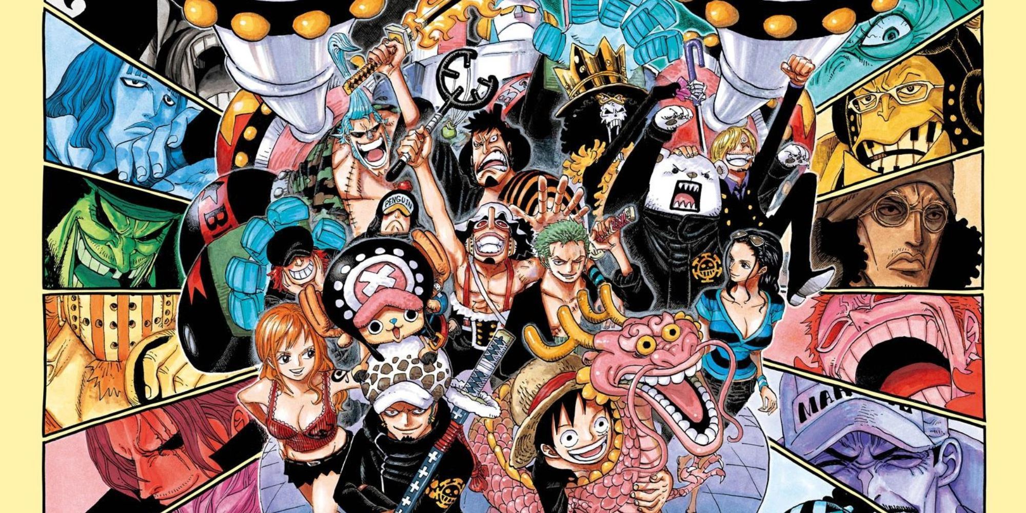 Official color spread of Chapter 693, featuring the Straw Hats and many of their allies during the Punk Hazard arc.