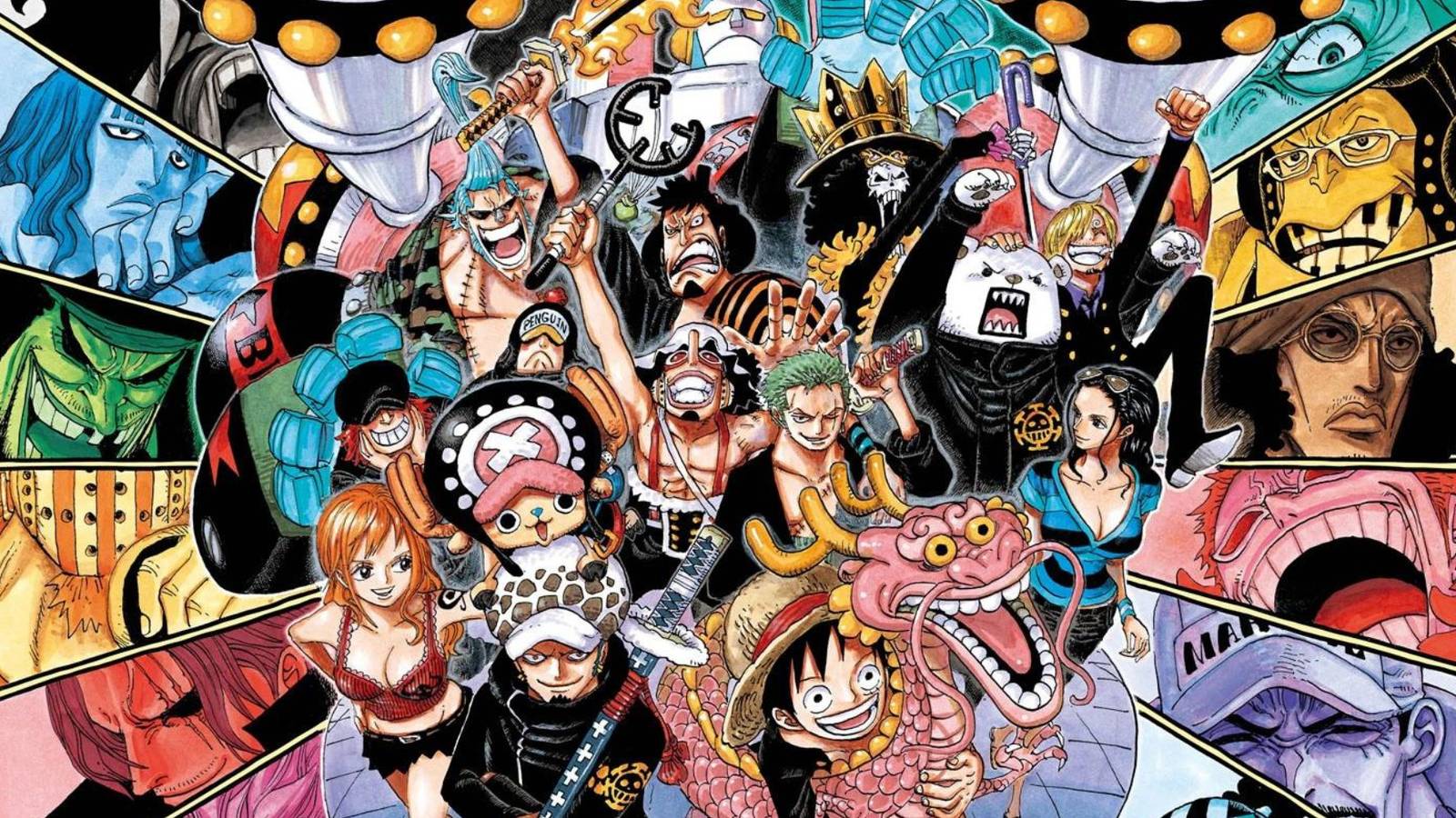 Official color spread of Chapter 693, featuring the Straw Hats and many of their allies during the Punk Hazard arc.