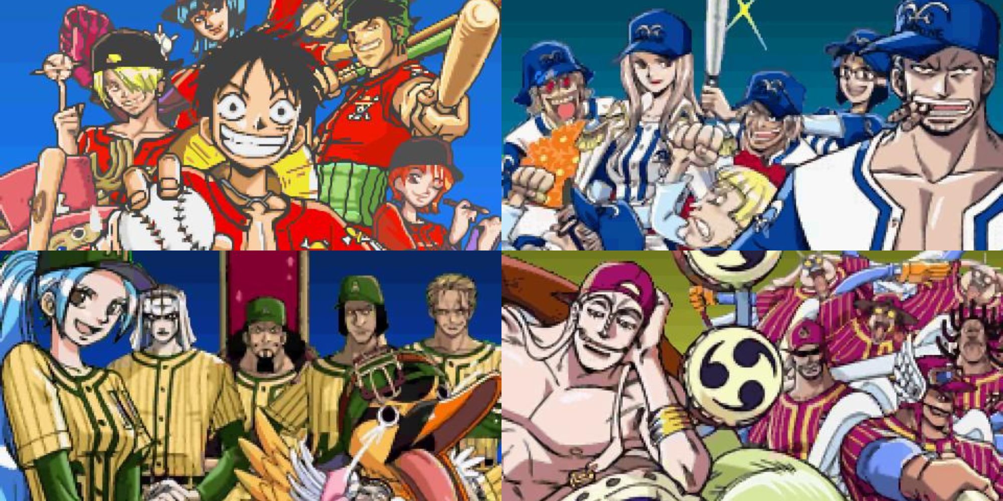 Official in-game portraits of Team Straw Hat, Team Marines, Team Arabasta and Team Skypeia.