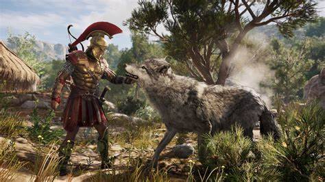 An image of the player character petting a wolf in Assassin's Creed Odyssey
