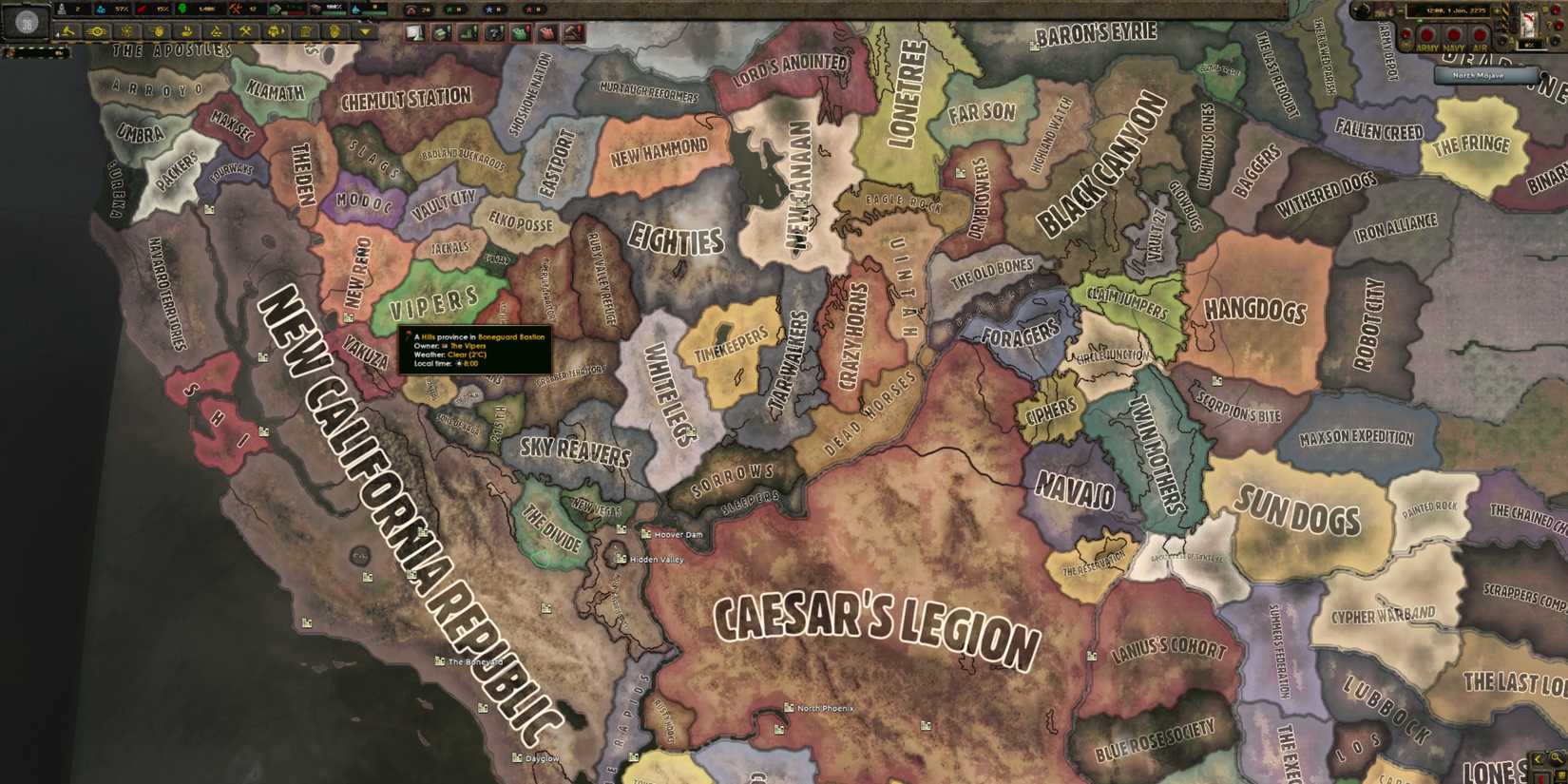 An overview of the West Coast map in Hearts of Iron 4 Old World Blues