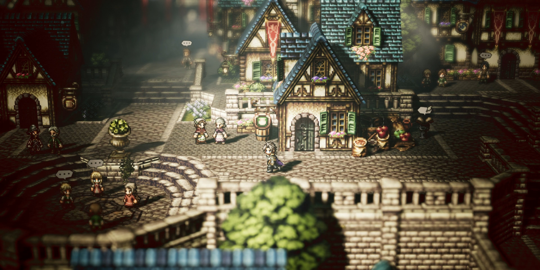 One of the protagonists walks through a city in Octopath Traveler